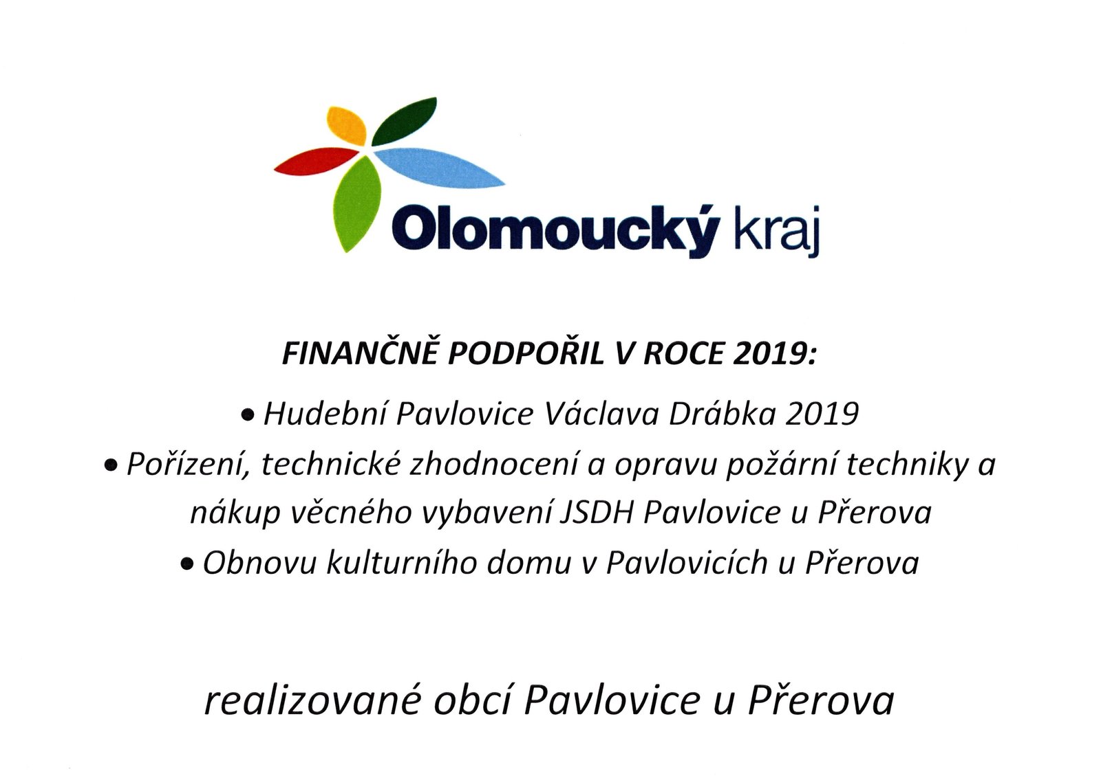 Olomoucký kraj finančně podpořil v roce 2019