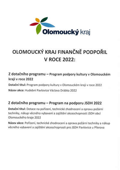 Olomoucký kraj finančně podpořil v roce 2022